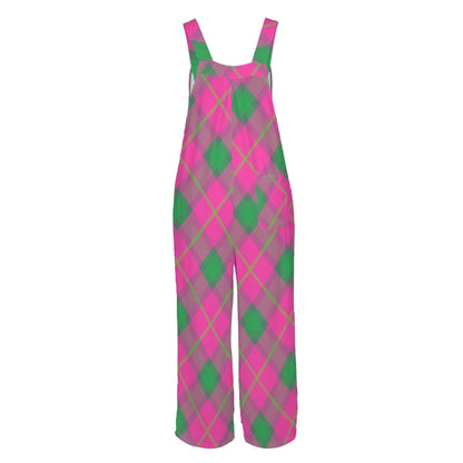 Hot Pink Green Wide Leg One Piece with Pockets, Retro Jumpsuit