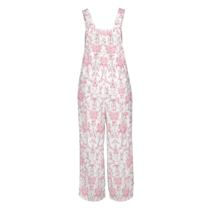 Pink Floral Toile Jumpsuit: Romantic Cottagecore Wide Leg, Square Neck, Pockets