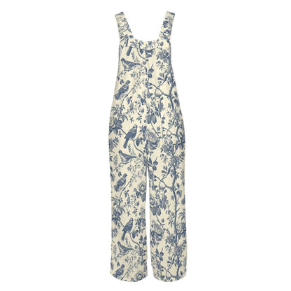 Bird Toile Jumpsuit, Blue Ivory Botanical Wide Leg One Piece with Pockets