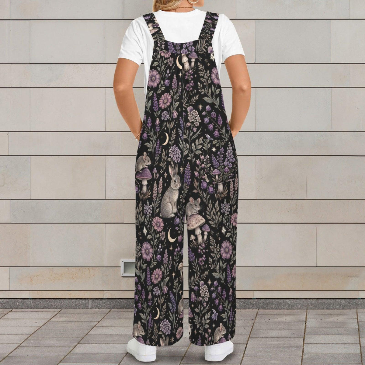 Mushroom Moon Floral Jumpsuit: Wide Leg, Sleeveless, Pockets (95% Polyester)