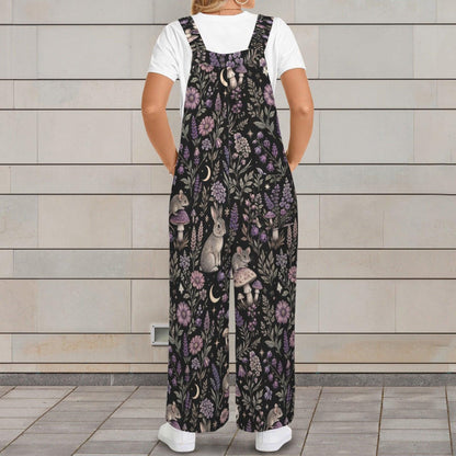 Mushroom Moon Floral Jumpsuit: Wide Leg, Sleeveless, Pockets (95% Polyester)