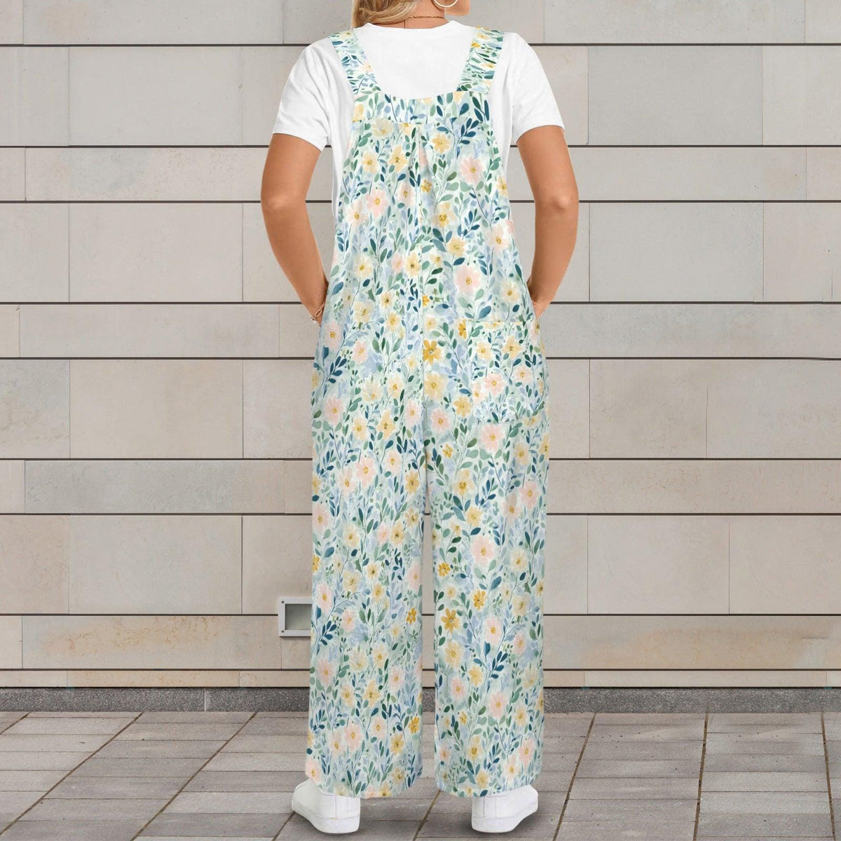 Pale Blue Wildflower Jumpsuit: Square Neck, Wide Leg, Pockets (95% Polyester)