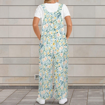 Pale Blue Wildflower Jumpsuit: Square Neck, Wide Leg, Pockets (95% Polyester)