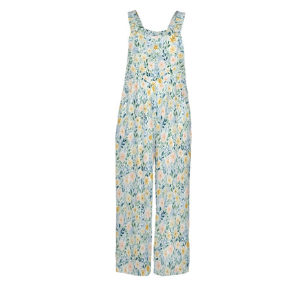 Pale Blue Wildflower Jumpsuit: Square Neck, Wide Leg, Pockets (95% Polyester)
