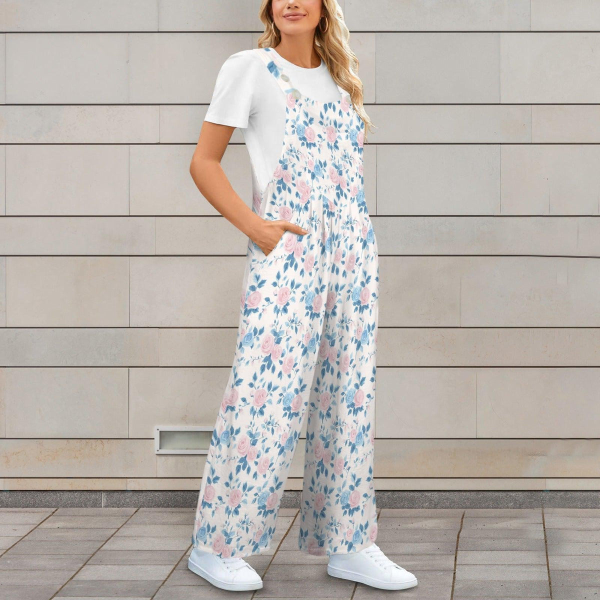 Cottage Garden Floral Jumpsuit, Pink Blue Wide Leg One Piece with Pockets