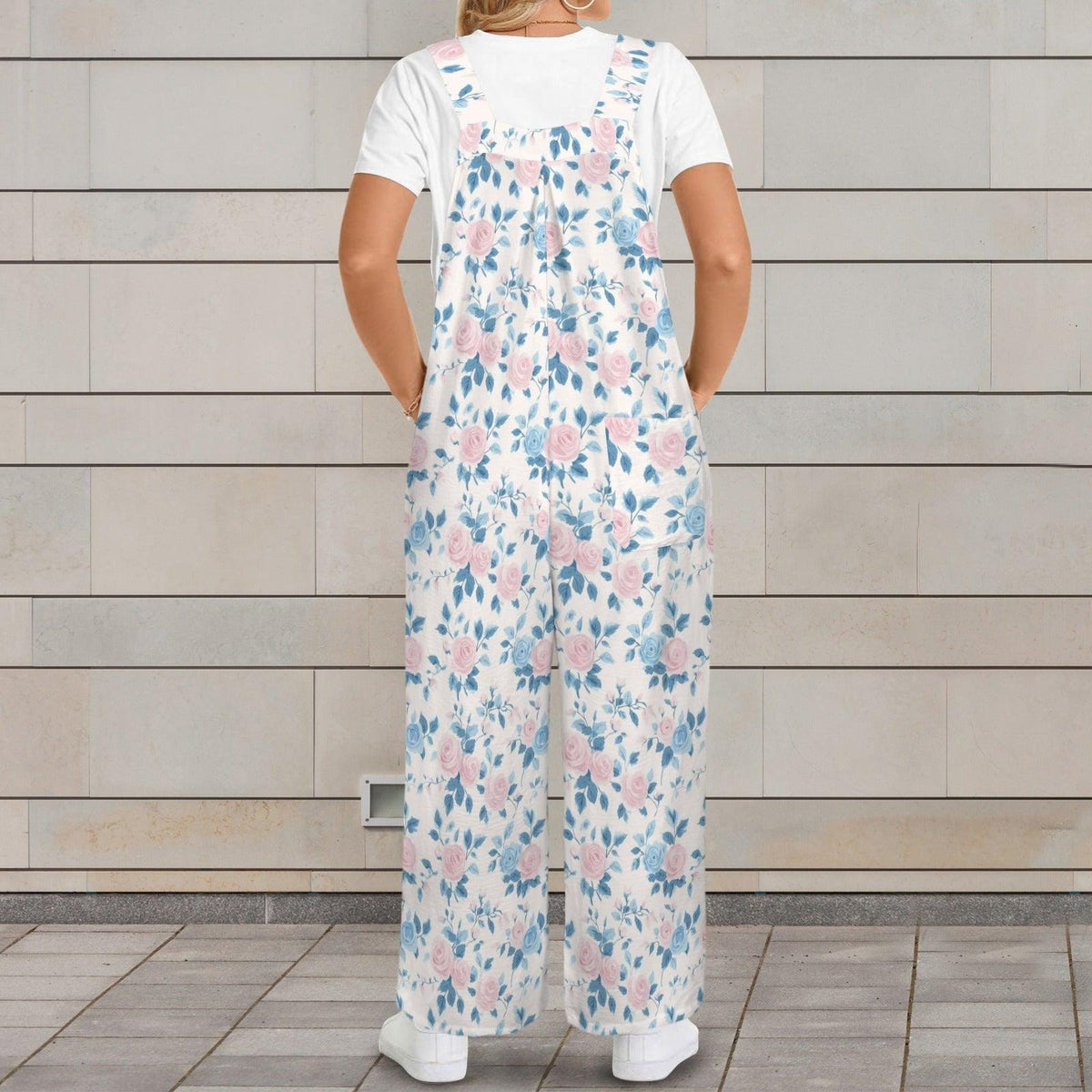 Cottage Garden Floral Jumpsuit, Pink Blue Wide Leg One Piece with Pockets
