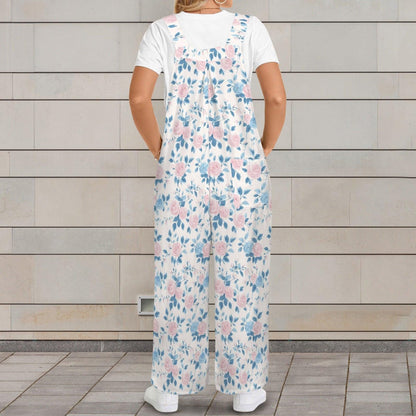 Cottage Garden Floral Jumpsuit, Pink Blue Wide Leg One Piece with Pockets