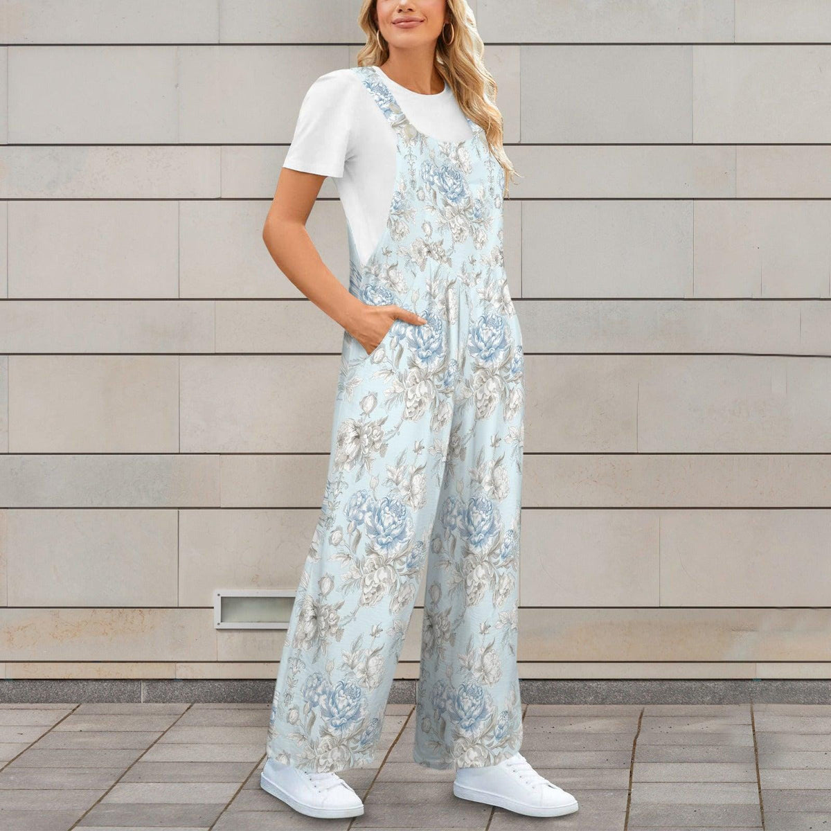 Blue Rose Wide Leg Jumpsuit, Pale Botanical Overalls with Pockets