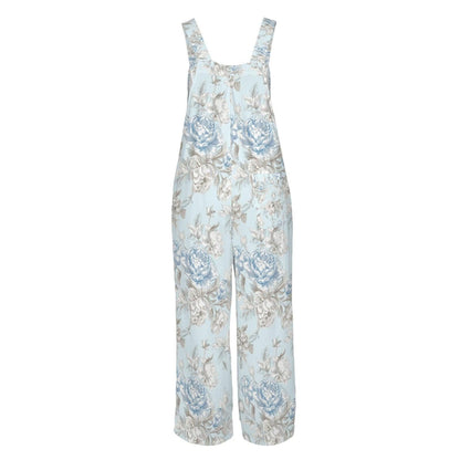 Blue Rose Wide Leg Jumpsuit, Pale Botanical Overalls with Pockets