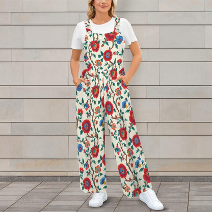 Boho Floral Jumpsuit: Red Blue Flowers, Wide Leg, Pockets (95% Polyester)