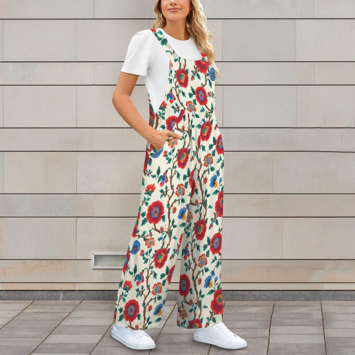 Boho Floral Jumpsuit: Red Blue Flowers, Wide Leg, Pockets (95% Polyester)