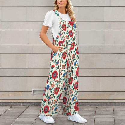 Boho Floral Jumpsuit: Red Blue Flowers, Wide Leg, Pockets (95% Polyester)