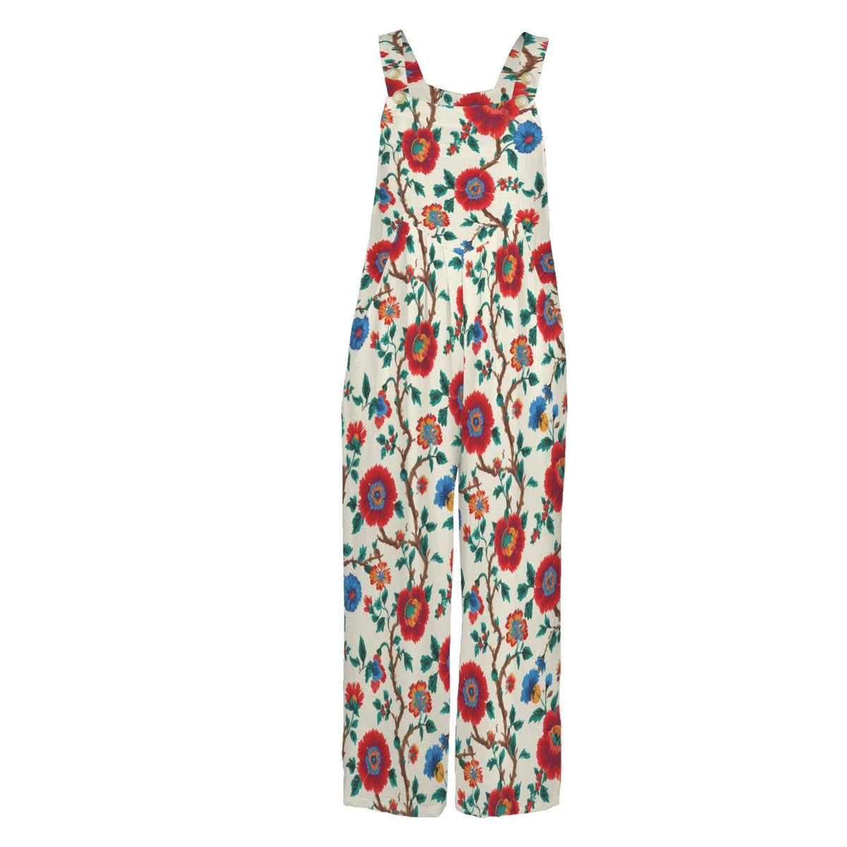 Boho Floral Jumpsuit: Red Blue Flowers, Wide Leg, Pockets (95% Polyester)