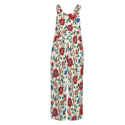 Boho Floral Jumpsuit: Red Blue Flowers, Wide Leg, Pockets (95% Polyester)