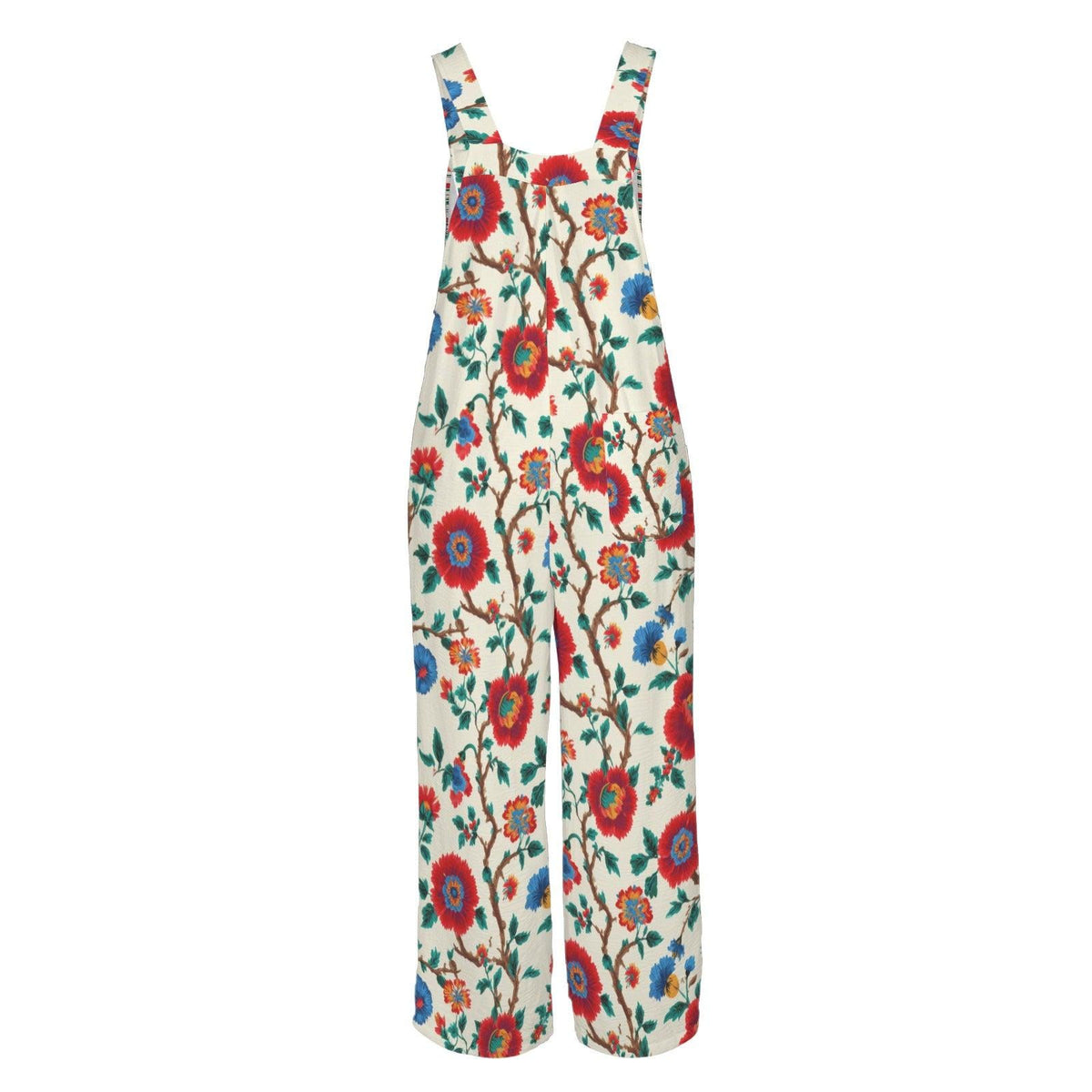 Boho Floral Jumpsuit: Red Blue Flowers, Wide Leg, Pockets (95% Polyester)