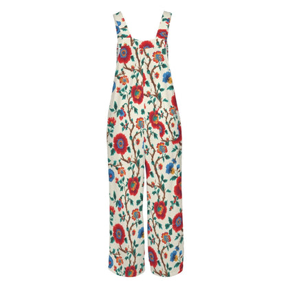 Boho Floral Jumpsuit: Red Blue Flowers, Wide Leg, Pockets (95% Polyester)