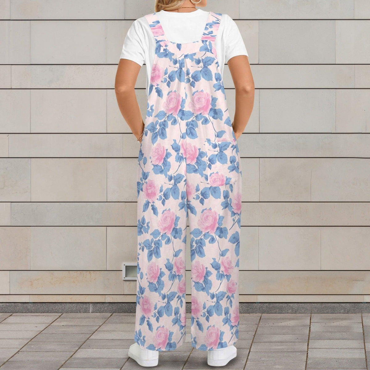 Floral Butterfly Jumpsuit: Blush Pink Wide Leg, Sleeveless, Pockets
