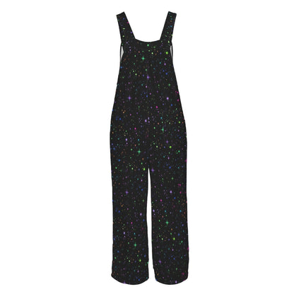 Black Multicolor Star Speckle Celestial Wide Leg Jumpsuit with Pockets, Overalls