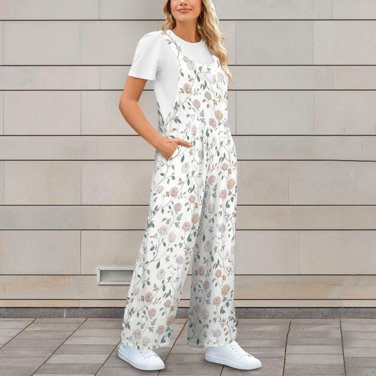 Dusty Rose Botanical Floral Wide Leg Jumpsuit with Pockets, Ivory Womens Overalls