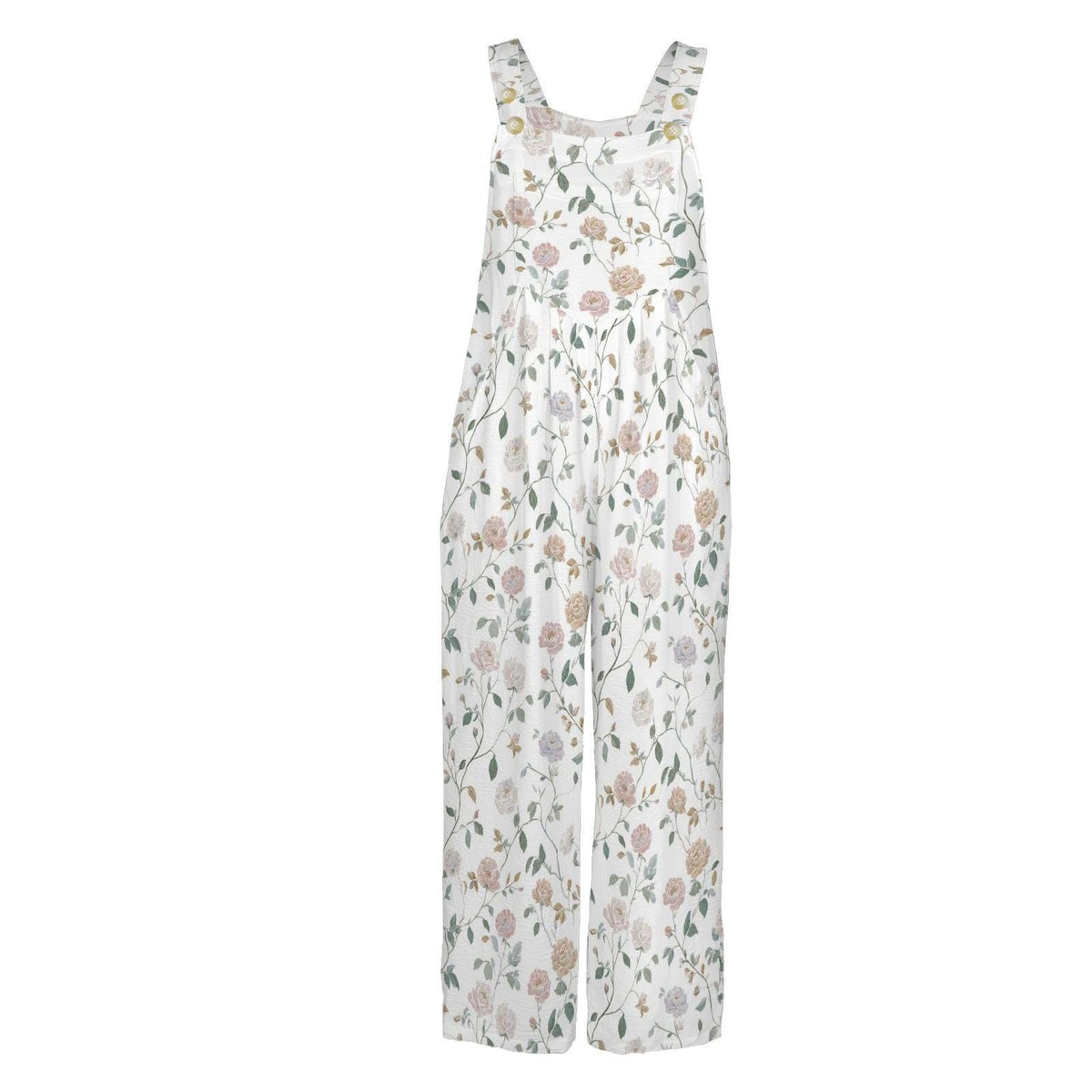 Dusty Rose Botanical Floral Wide Leg Jumpsuit with Pockets, Ivory Womens Overalls