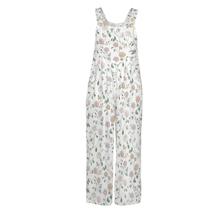 Dusty Rose Botanical Floral Wide Leg Jumpsuit with Pockets, Ivory Womens Overalls