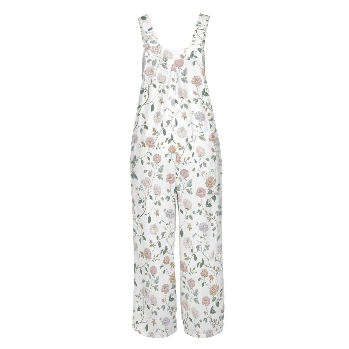 Dusty Rose Botanical Floral Wide Leg Jumpsuit with Pockets, Ivory Womens Overalls