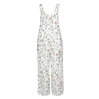 Dusty Rose Botanical Floral Wide Leg Jumpsuit with Pockets, Ivory Womens Overalls