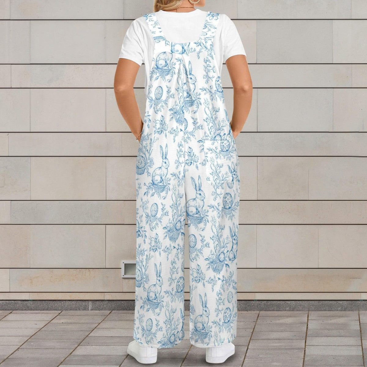 Mushroom Print Wide Leg Jumpsuit: Pale Blue Fungi, Botanical Details (95% Polyester)