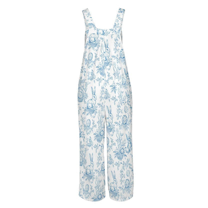 Mushroom Print Wide Leg Jumpsuit: Pale Blue Fungi, Botanical Details (95% Polyester)