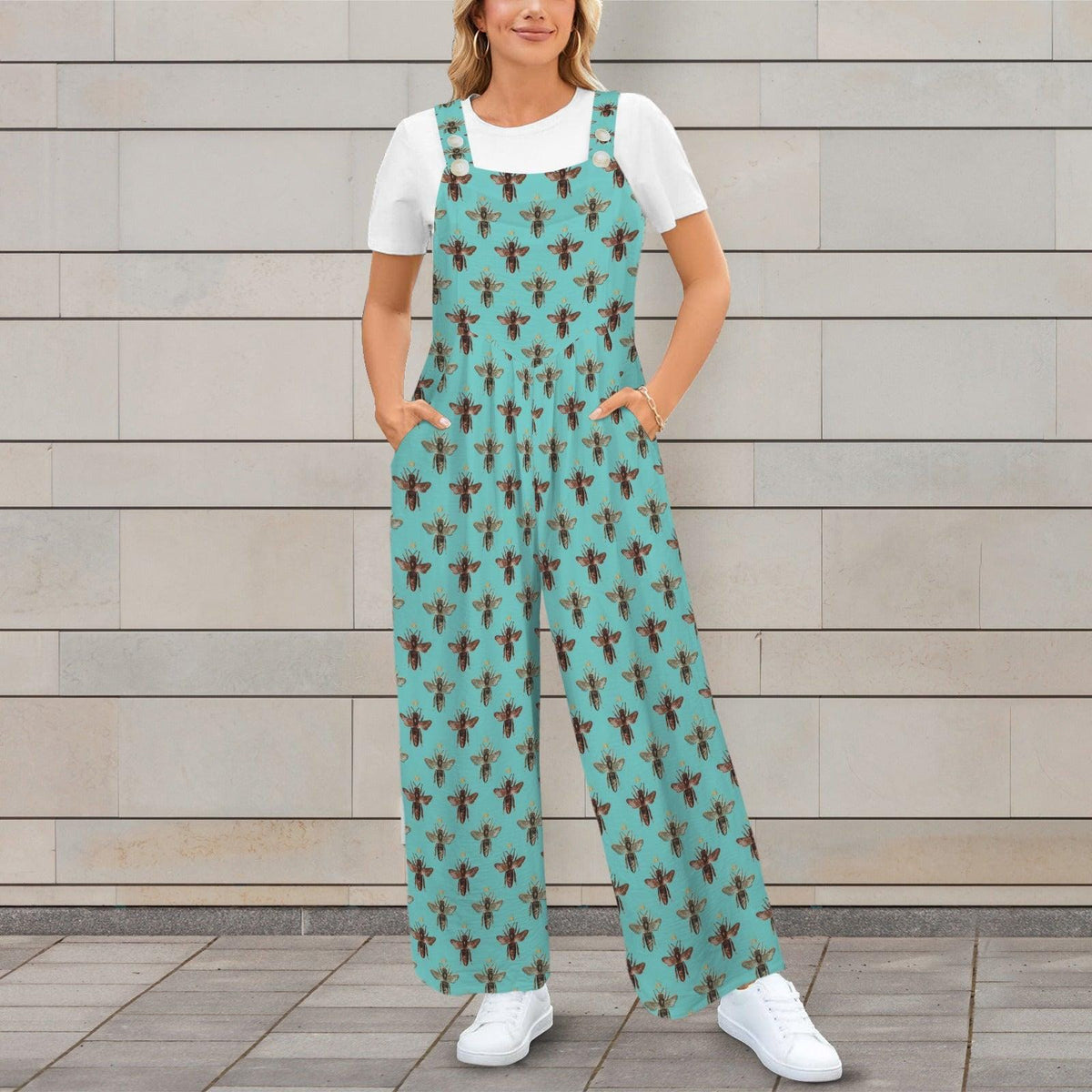 Boho Turquoise Bee Print Jumpsuit: Wide Leg, Sleeveless, Pockets