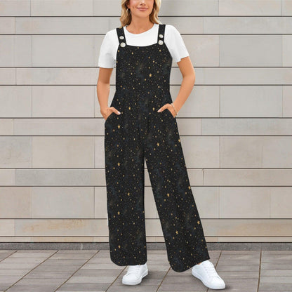 Black Star Speckle Celestial Wide Leg Jumpsuit with Pockets, Womens Overalls