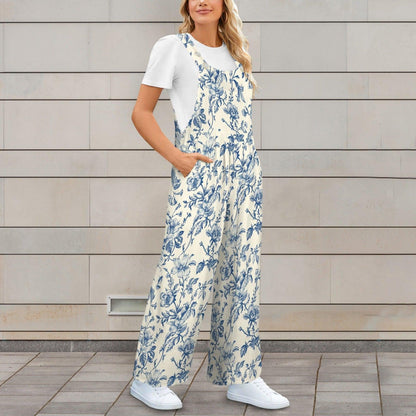 Boho Floral Jumpsuit: Wide Leg, Sleeveless, Pockets (95% Polyester)