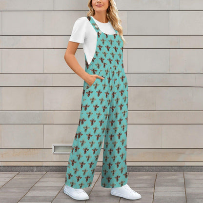 Boho Turquoise Bee Print Jumpsuit: Wide Leg, Sleeveless, Pockets