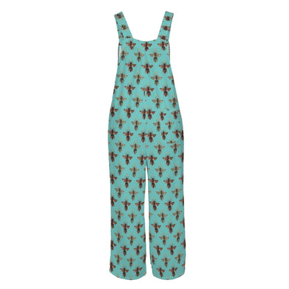 Boho Turquoise Bee Print Jumpsuit: Wide Leg, Sleeveless, Pockets