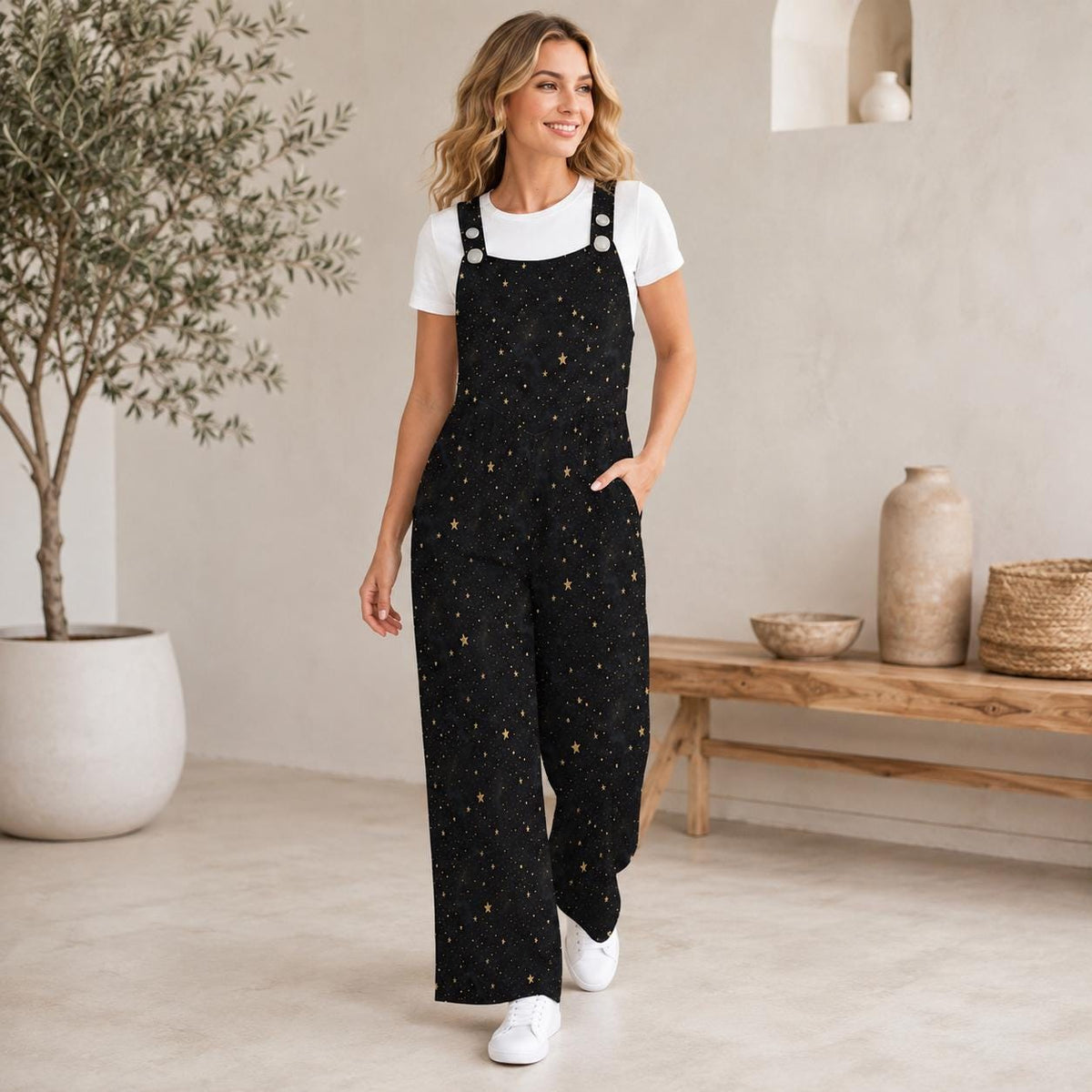 Black Star Speckle Celestial Wide Leg Jumpsuit with Pockets, Womens Overalls