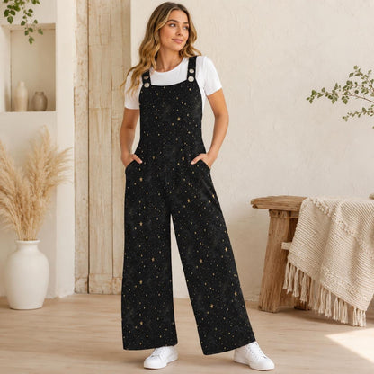 Black Star Speckle Celestial Wide Leg Jumpsuit with Pockets, Womens Overalls