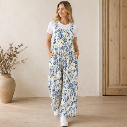 Boho Floral Jumpsuit: Wide Leg, Sleeveless, Pockets (95% Polyester)