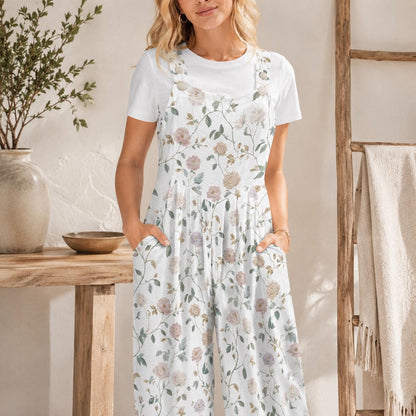Dusty Rose Botanical Floral Wide Leg Jumpsuit with Pockets, Ivory Womens Overalls