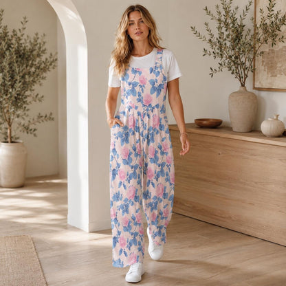 Floral Butterfly Jumpsuit: Blush Pink Wide Leg, Sleeveless, Pockets