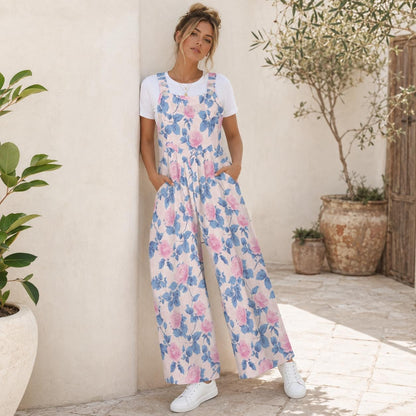Floral Butterfly Jumpsuit: Blush Pink Wide Leg, Sleeveless, Pockets