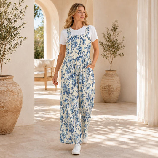 Boho Floral Jumpsuit: Wide Leg, Sleeveless, Pockets (95% Polyester)