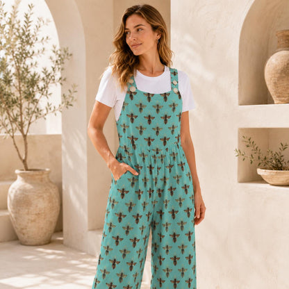 Boho Turquoise Bee Print Jumpsuit: Wide Leg, Sleeveless, Pockets