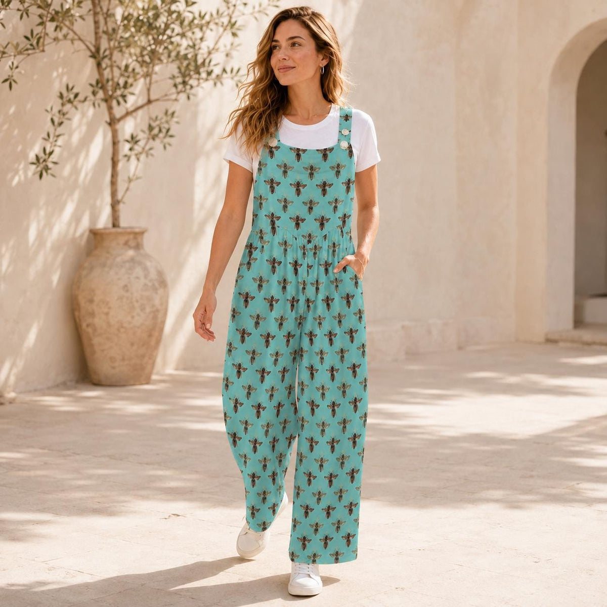 Boho Turquoise Bee Print Jumpsuit: Wide Leg, Sleeveless, Pockets