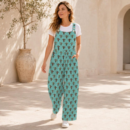 Boho Turquoise Bee Print Jumpsuit: Wide Leg, Sleeveless, Pockets