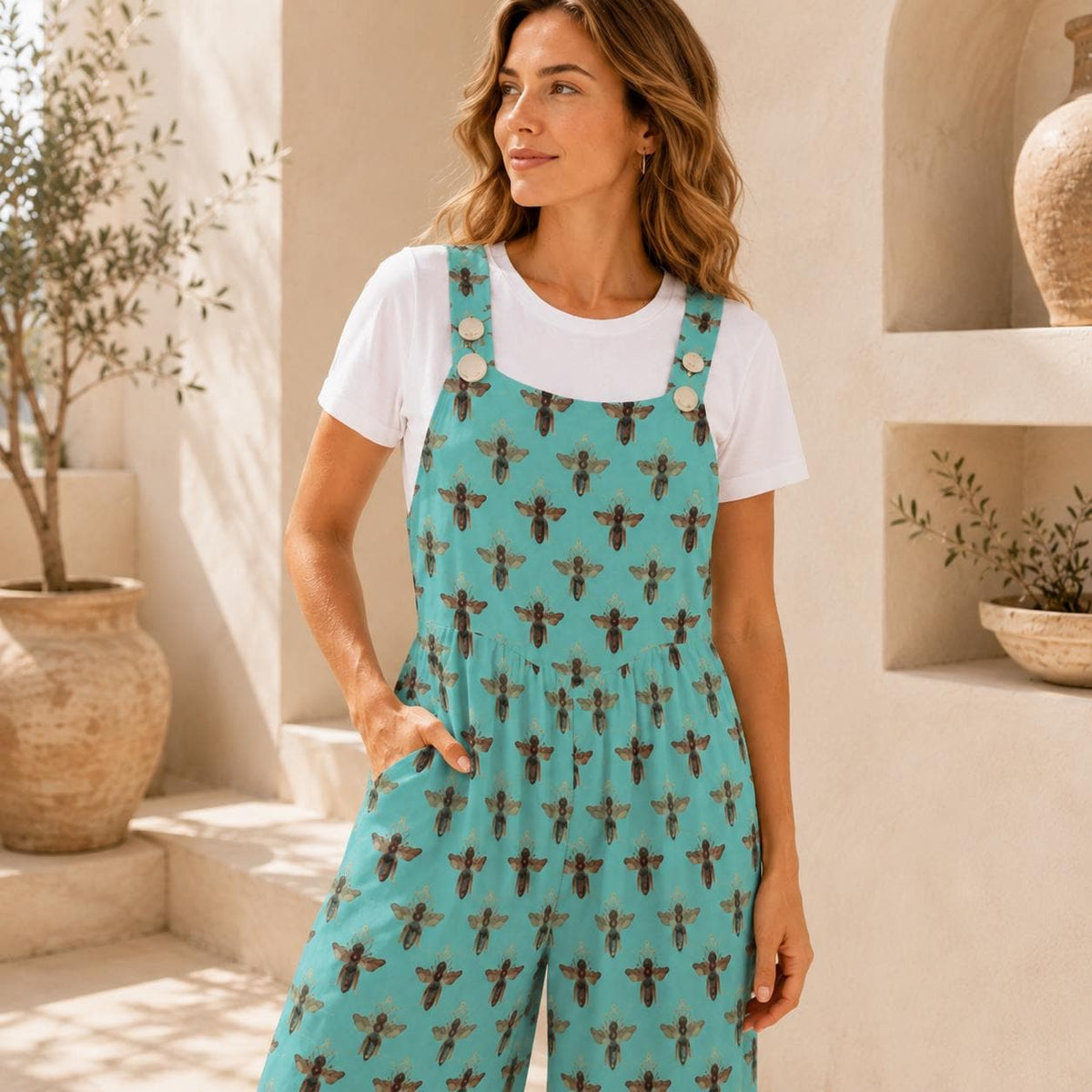 Boho Turquoise Bee Print Jumpsuit: Wide Leg, Sleeveless, Pockets