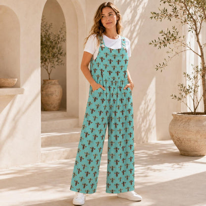 Boho Turquoise Bee Print Jumpsuit: Wide Leg, Sleeveless, Pockets