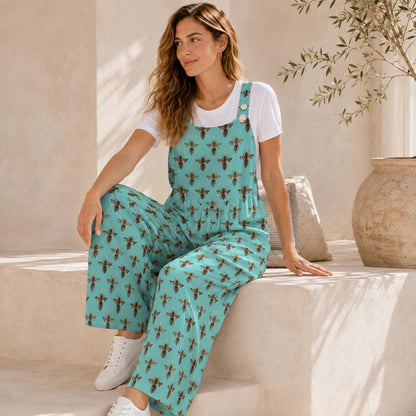 Boho Turquoise Bee Print Jumpsuit: Wide Leg, Sleeveless, Pockets
