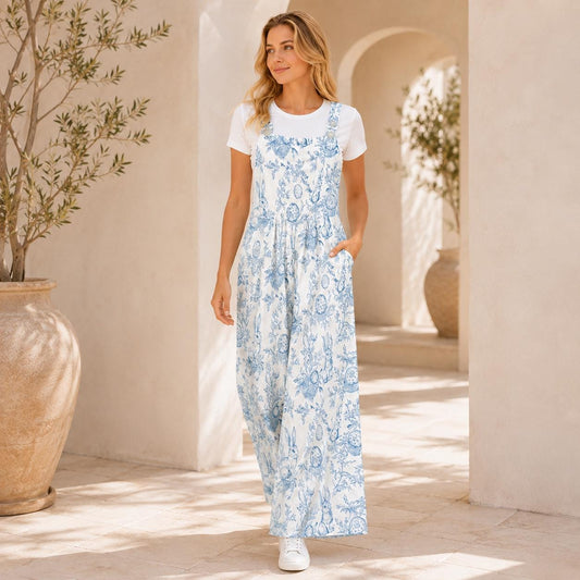 Mushroom Print Wide Leg Jumpsuit: Pale Blue Fungi, Botanical Details (95% Polyester)