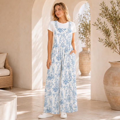 Mushroom Print Wide Leg Jumpsuit: Pale Blue Fungi, Botanical Details (95% Polyester)