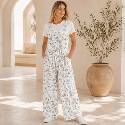 Dusty Rose Botanical Floral Wide Leg Jumpsuit with Pockets, Ivory Womens Overalls